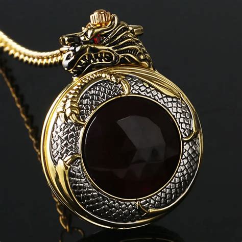 Luxury Golden And Silver Chinese Dragon Design Pocket Watch With Dark Red