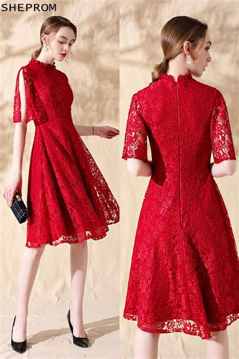 red lace short aline formal party dress with lace sleeves red lace shorts formal party dress