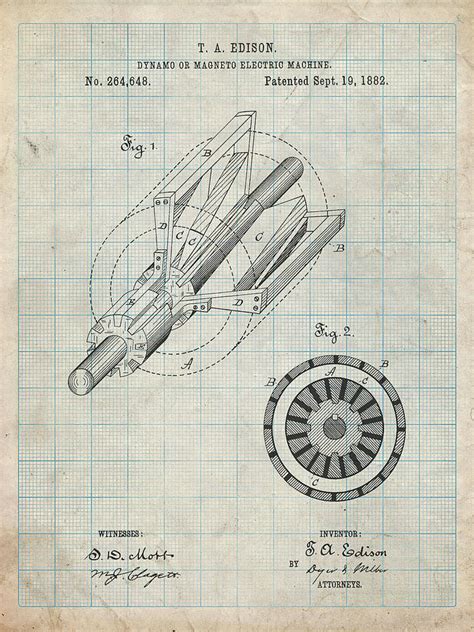 Pp Antique Grid Parchment Edison Dynamo Electrical Generator Patent Print Digital Art By Cole