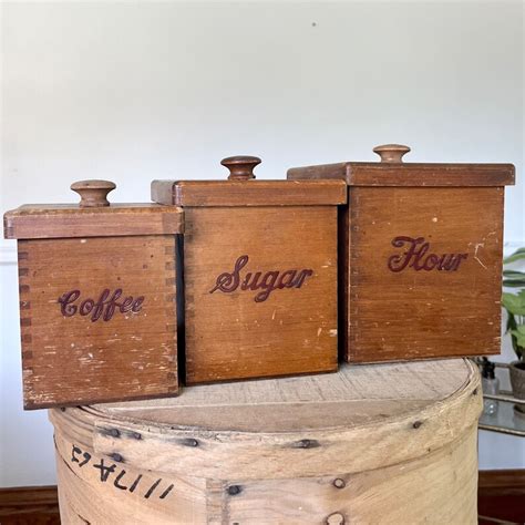 Vintage Wooden Canister Set Genuine Woodcroftery Canisters Flour