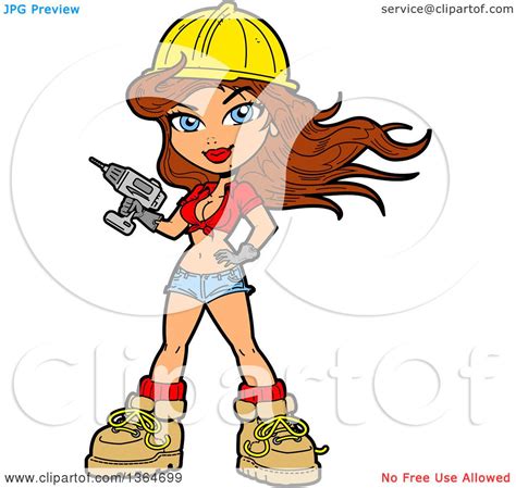 Clipart Of A Cartoon Sexy Brunette White Female Construction Worker