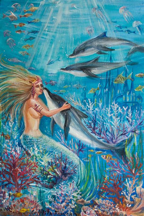 Mermaid Oil Painting Dolphin Oil Painting Fantasy Girl Art Etsy
