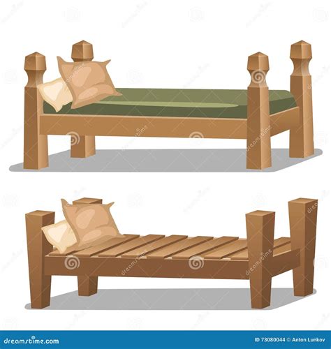 Single Wooden Bed Interior Items In Cartoon Style Stock Vector
