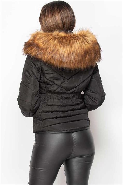 womens black quilted puffer coat with big faux fur hood uk