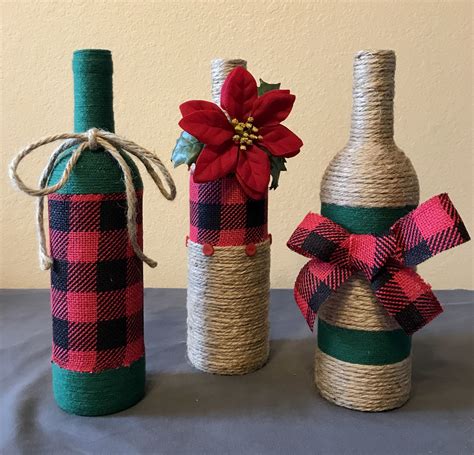 Set Of 3 Wine Bottles Decorated With Twine Green Yarn Red