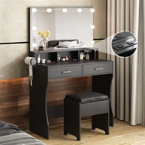 Veanerwood 315in Makeup Vanity Table With Lighted Mirror And Power Strip