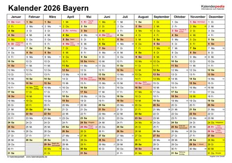 Kalender 2026 Bayern Ferien Feiertage Pdf Vorlagen