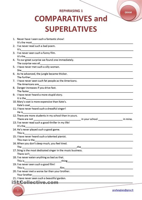 English Grammar Comparative And Superlative Exercises Pdf Exercise Poster