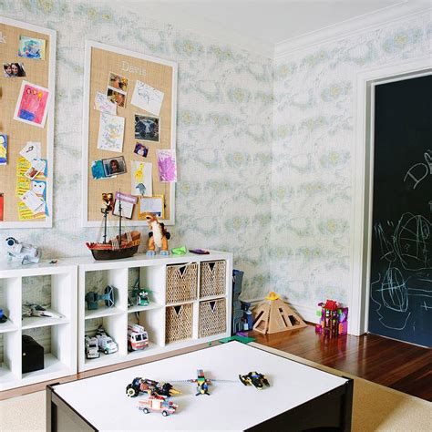 Playroom With Ikea Kallax Shelving Unit And Burlap Pin Boards