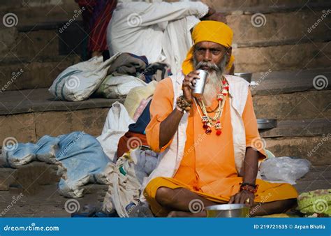 Varanasi India Wide Angle Shot Of An Hindu Bearded Sadhu Pilgrim