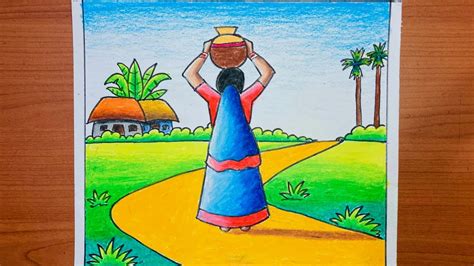 Very Easy Village Scenery Drawing Village Girl With Pot Scenery