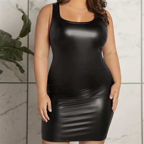 Plus Size Faux Pu Leather Scoop Neck Sleeveless Pencil Bodyc Inspire