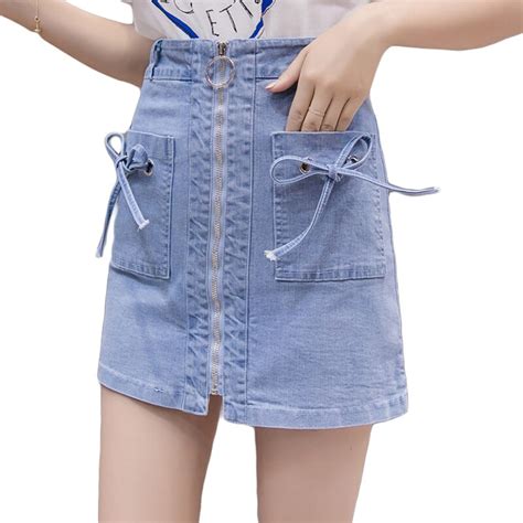 2018 Denim Skirts Women High Waist Skirts Female Package Hip Ladies Mini Skirts Light Blue Cute
