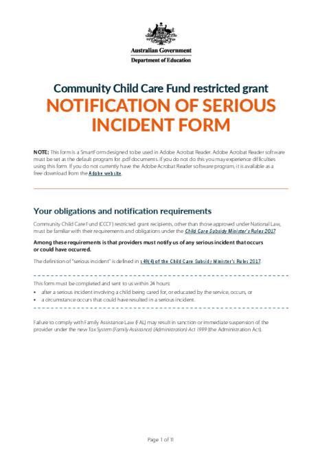 Community Child Care Fund Restricted Grant Notification Of Serious