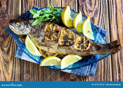Hot Fresh Savory Grilled Whole Trout Barbeque With Fresh Herbs And