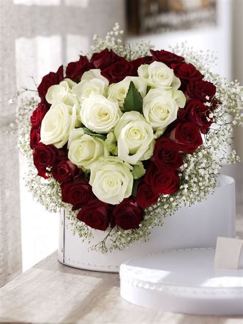 magnifique cœur de roses rouge et blanche accompagnées de gypsophile roses rouges et blanches