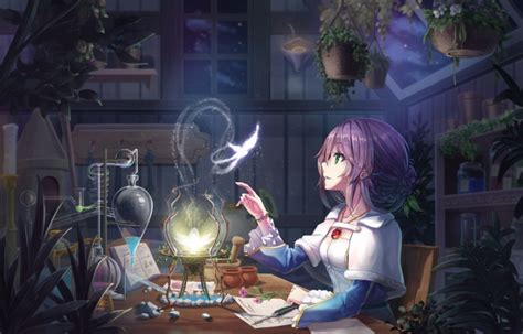 Wallpaper Anime Girl Purple Hair Room Butterfly Light