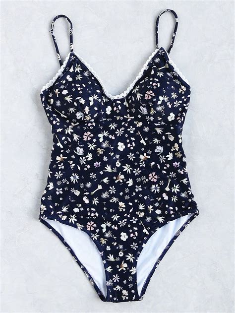 Shop Calico Print Scalloped Trim One Piece Swimsuit Online Shein