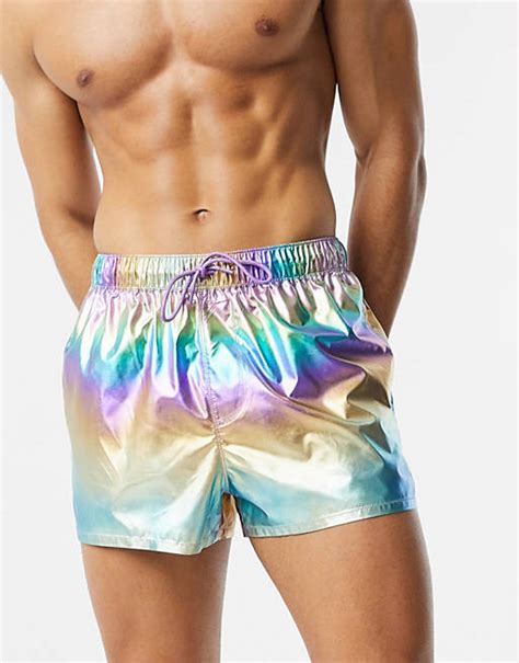 Asos Design Swim Shorts In Rainbow Metallic Fabric Super Short Length Asos