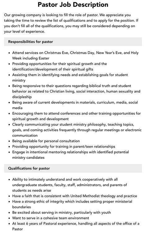 Pastor Job Description Velvet Jobs