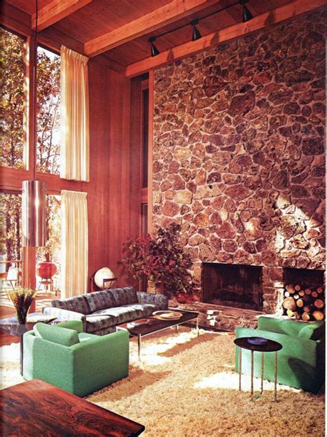 1970s Furniture Design Retro Living Room With Shag Carpet And Stone