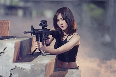 Women Asian Model Rifles Weapon Hd Wallpaper Rare Gallery