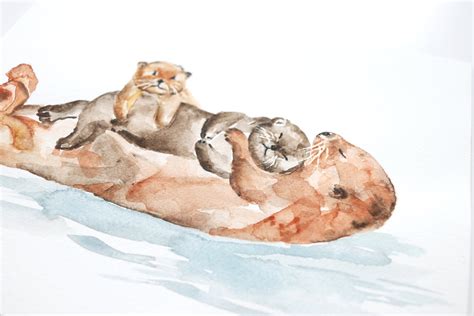 Sea Otters Original Watercolor Painting 8x10 Easy Sunday Club