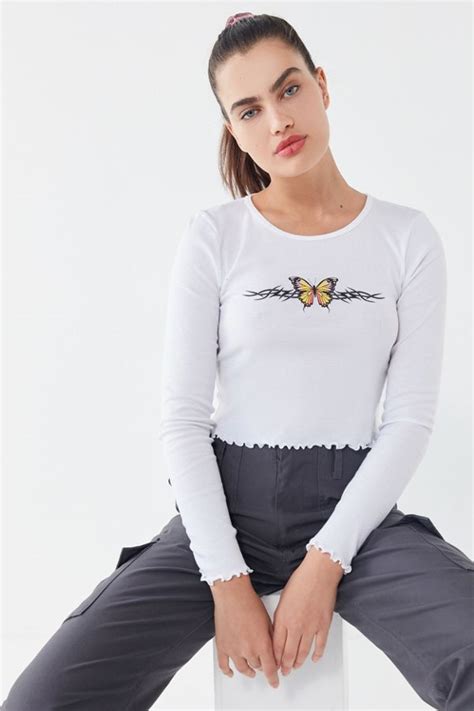 Truly Madly Deeply Butterfly Long Sleeve Cropped Top Urban Outfitters