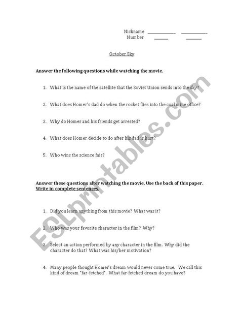 English Worksheets October Sky Movie Guide