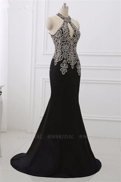 Chic High Neck Sleeveless Black Mermaid Prom Dresses With Appliques