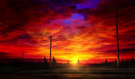 Download 3840x2160 Anime Sunset Landscape Clouds Sky Road Scenic