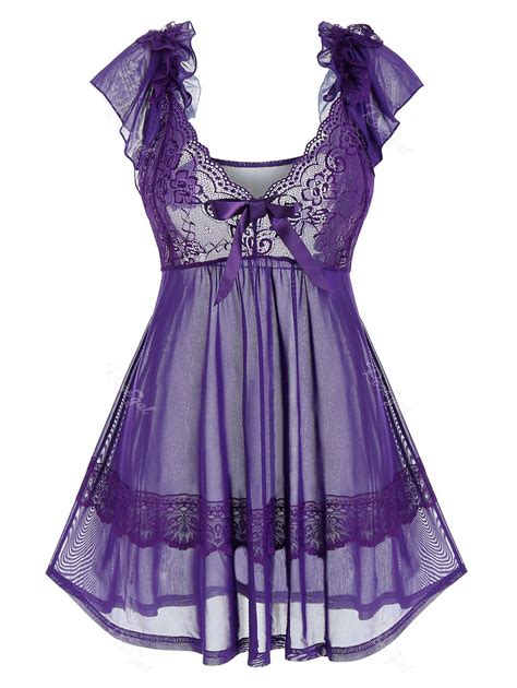 Plus Size Bowknot Lace Ruffle Lingerie Babydoll Off Rosegal