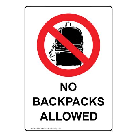 Portrait No Backpacks Allowed Sign With Symbol Nhep 35794