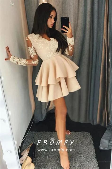 Unique Nude Lace Illusion Long Sleeve Two Tiered Short Cocktail Dress