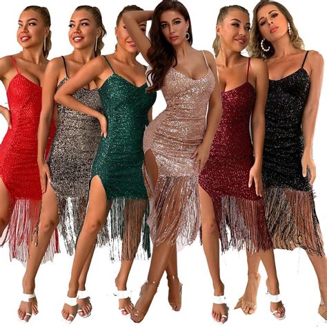 Sexy Tassel Sequins Party Dress Women Spaghetti Straps Split Bodycon For Women Elegant Dress