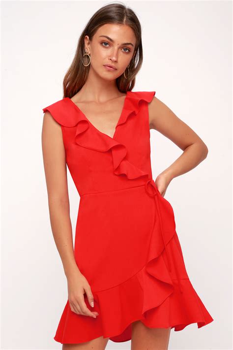 Joa Red Dress Red Ruffled Dress Red Wrap Dress Lulus