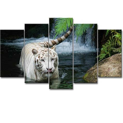 Vividhome 5 Panel Tiger Canvas Prints Wall Art White Tiger