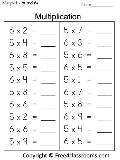 Free Multiplication Worksheet 5s And 6s Free4classrooms