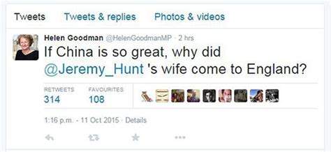 Bishop Auckland Mp Helen Goodman Apologises For Tweet About Jeremy Hunts Chinese Wife