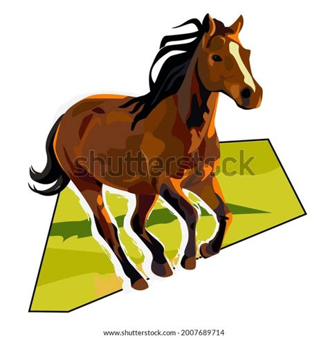 Brown Horse Running Green Field Featuring Stock Vector Royalty Free
