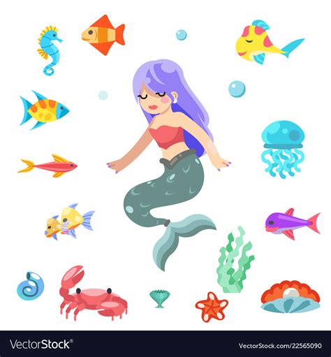 Cute Little Mermaid Swimming Under The Sea Fishes Vector Image