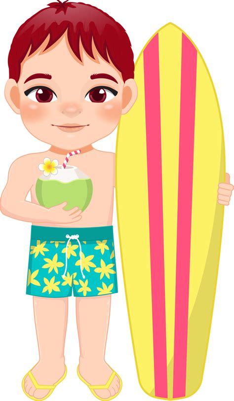 Free Beach Boy In Summer Holiday Kids Holding Surfboard And Coconut