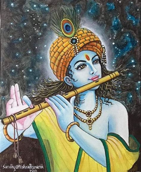 Lord Krishna Acrylic On Canvas Flute Etsy Polska Krishna Painting