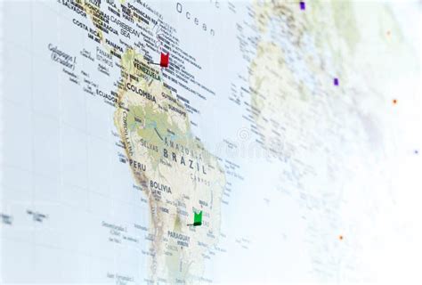 Flag Pins On World Map With Focus On South America Stock Image Image