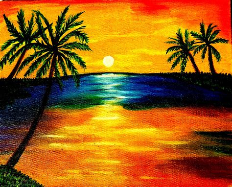 A Painting Of Two Palm Trees On The Beach At Sunset With An Ocean And