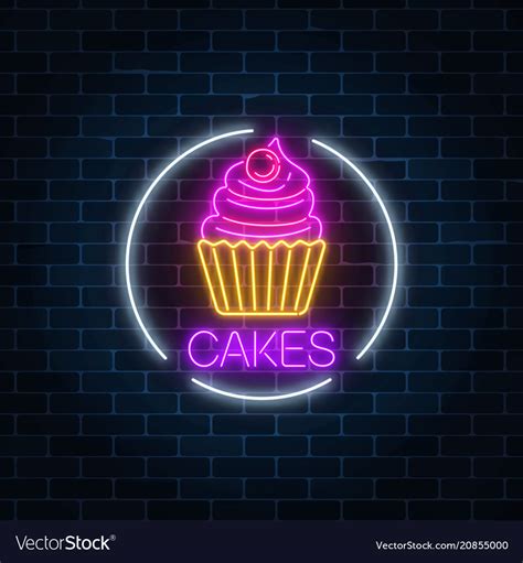 Neon Glowing Sign Cake With Cream And Cherry Vector Image