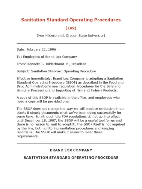 Sanitation Standard Operating Procedures Lox Sanitation Food And