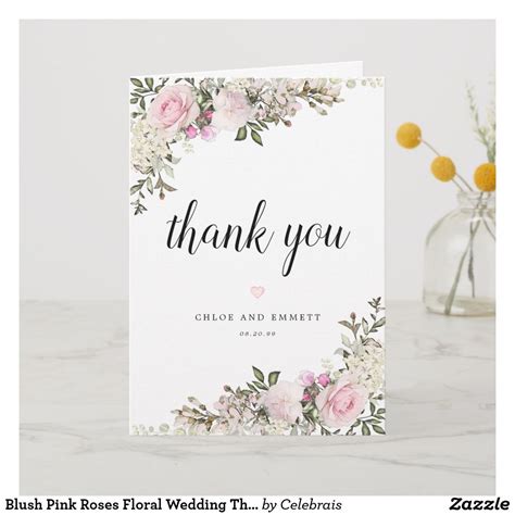 Blush Pink Roses Floral Wedding Thank You Card Wedding