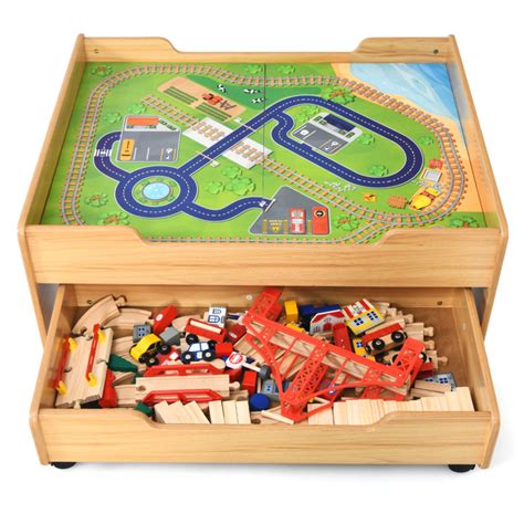 Childrens Wooden Railway Set Table With 100 Pieces Storage Drawers