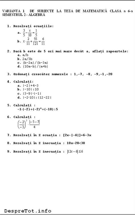 Teza Matematica Clasa 6 Sem 2 Varianta 1 Algebra